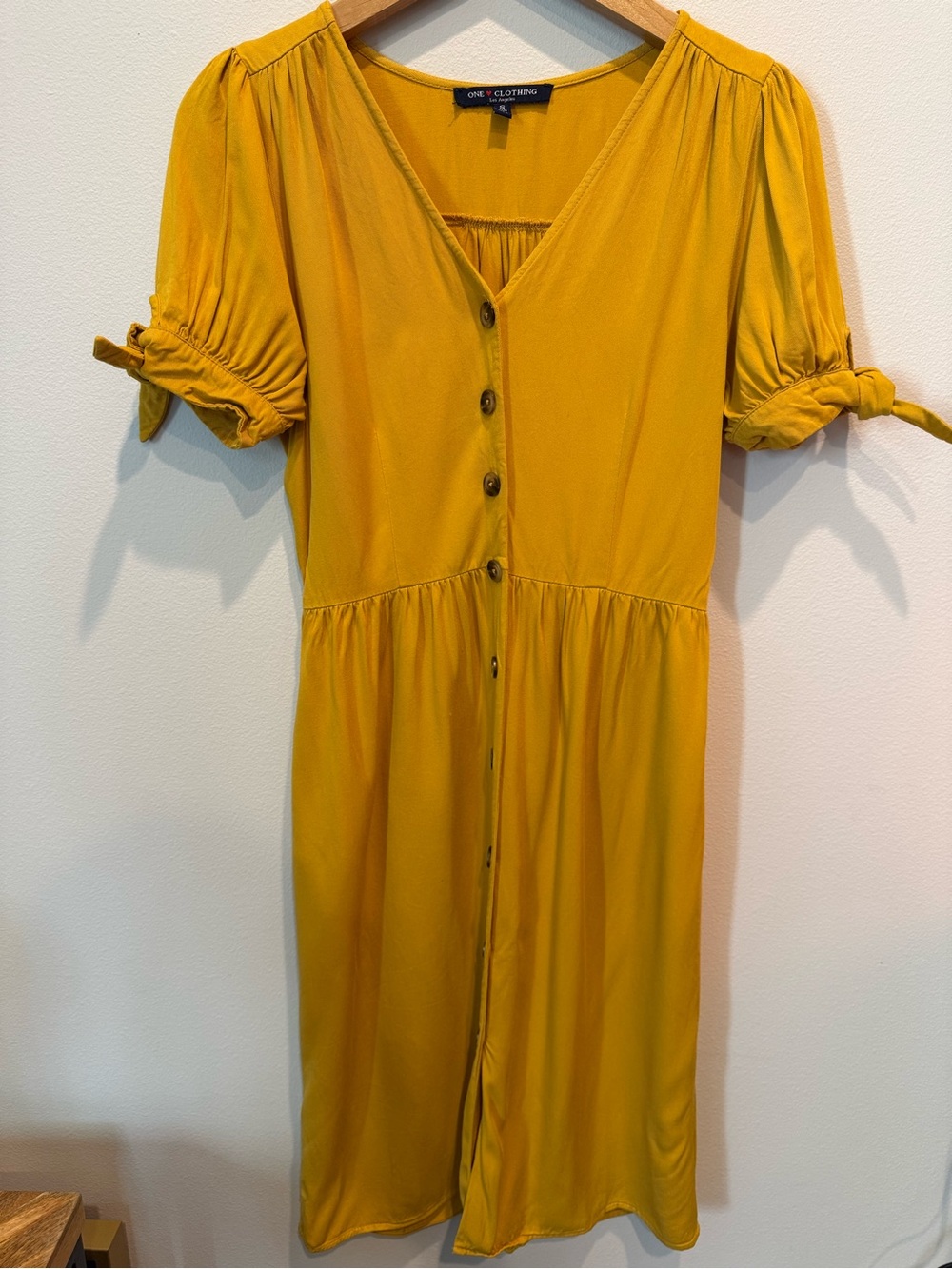 one clothing mustard yellow button-front midi dress with tie sleeves